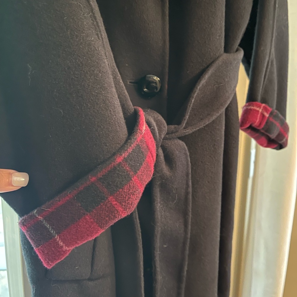 Women’s Coach Relaxed fit large Never Worn Wool Belted Trench Red Plaid Trim - Picture 10 of 11